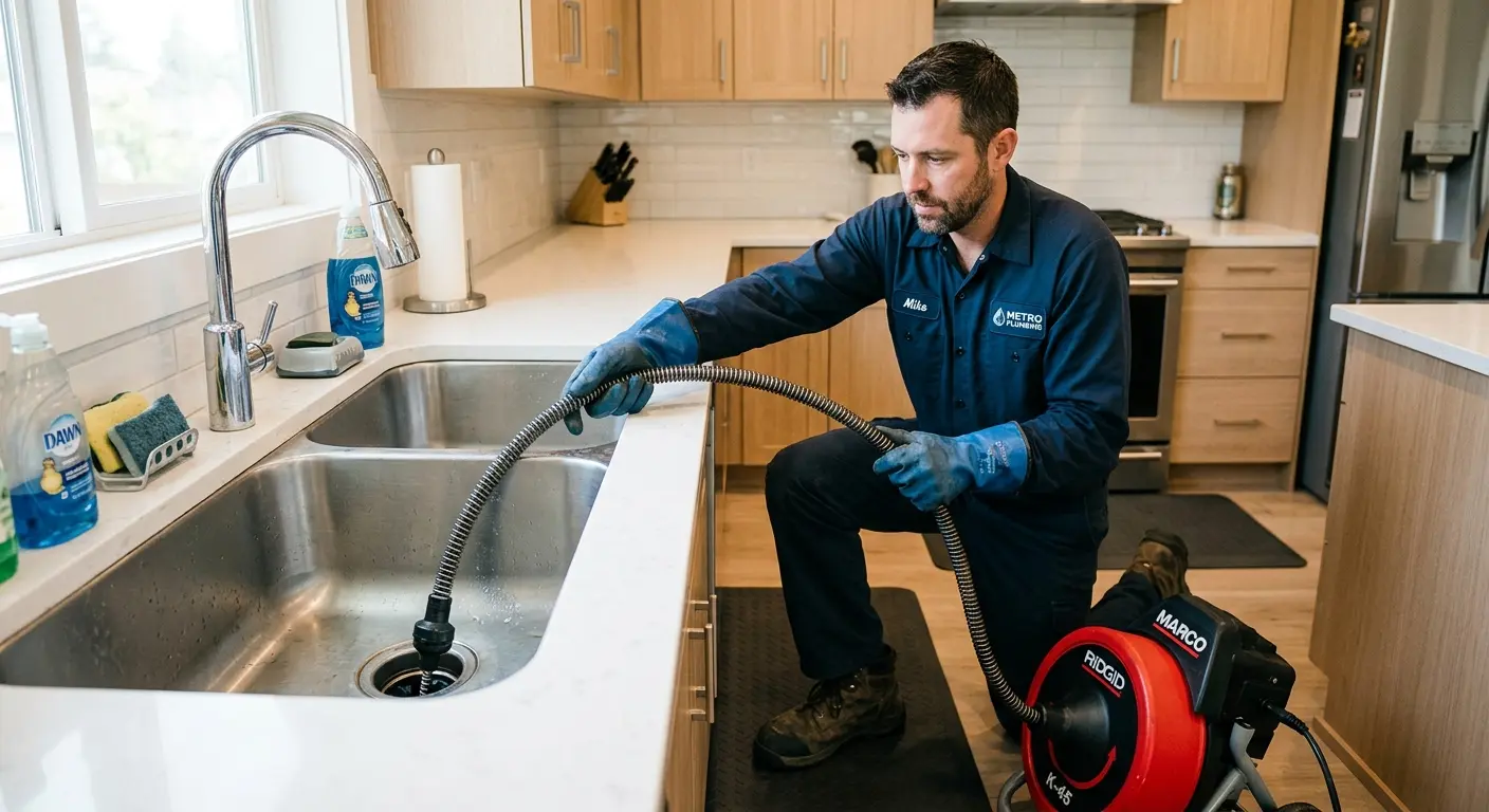 Drain cleaning technician using a motorized snake on a kitchen sink in Millstone