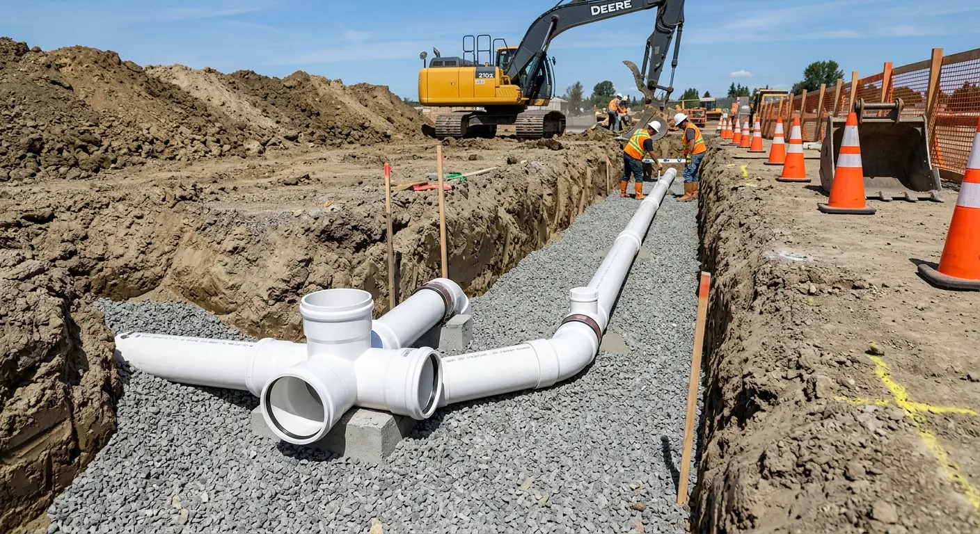 New PVC sewer pipe installation in open trench for Commercial Drain Cleaning in Millstone