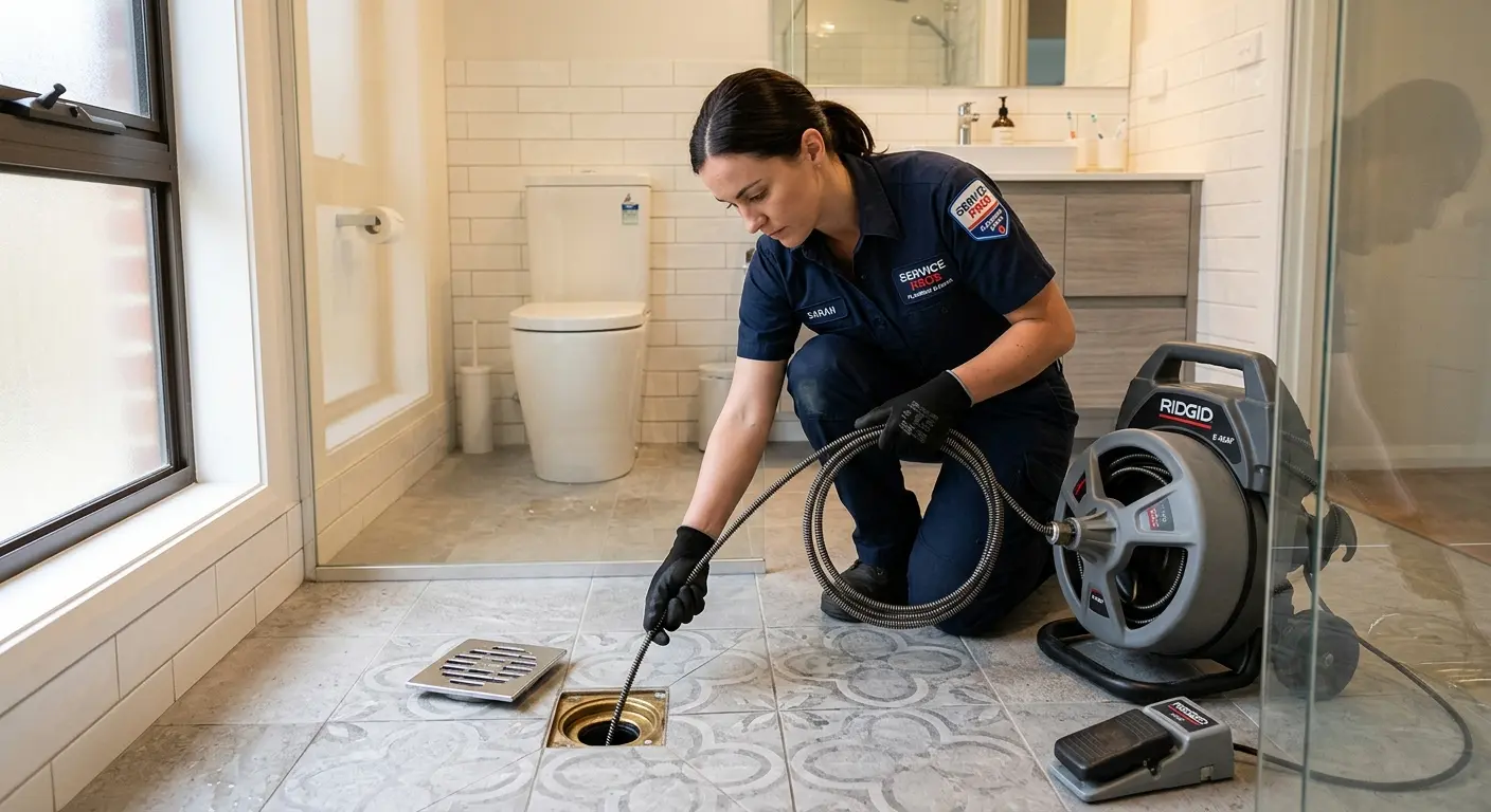 Technician clearing a bathroom floor drain for Clogged Drain Repair in Millstone